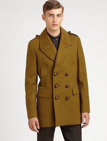 Fine Italian craftsmanship is represented in this outerwear classic, tailored in a superior wool blend with heritage-inspired details, finished in a streamlined, double-breasted silhouette.Button-frontNotch lapelShoulder epaulettesSide slash, waist flap pocketsRear beltFully linedAbout 33 from shoulder to hem80% virgin wool/20% polyamideDry cleanMade in Italy Fine Italian craftsmanship is represented in this outerwear classic, tailored in a superior wool blend with heritage-inspired details, finished in a streamlined, double-breasted silhouette.Button-frontNotch lapelShoulder epaulettesSide slash, waist flap pocketsRear beltFully linedAbout 33 from shoulder to hem80% virgin wool/20% polyamideDry cleanMade in Italy