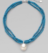 Strands of turquoise beads meet at a glistening baroque pearl. 22mm baroque pearl Cubic zirconia Sterling silver Length, about 16 with 2 extender Lobster clasp Made in Spain 