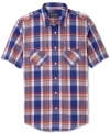 Vibrant plaid and a button details give this American Rag plaid shirt a cool contemporary style.