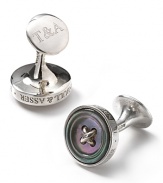 Turnbull & Asser engraving offsets mother-of-pearl insets and two-tone sterling silver on this ready-for-the-event cufflinks.