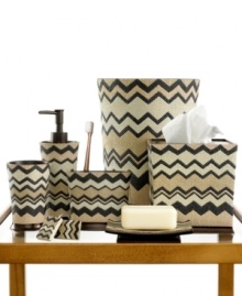 With a distinctly rustic ambiance, this Lauren soap and lotion dispenser from Avanti boasts a playful zigzag motif in warm tones of ivory, beige and black. With a distinctly rustic ambiance, this Lauren soap and lotion dispenser from Avanti boasts a playful zigzag motif in warm tones of ivory, beige and black.