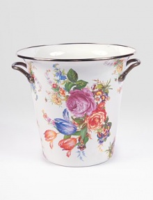 A traditionally shaped wine cooler in an exuberant floral design adds a gracious touch to entertaining. Floral design on enameled steel Antiqued brass handles and rim 8H X 8½ diam. Hand washing recommended Imported 