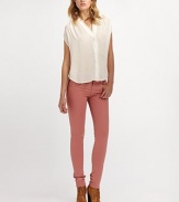 Sleek and sexy in coated denim for a the luxe look of leather.THE FITSlim fitRise, about 8Inseam, about 34THE DETAILSZip flyFive-pocket style98% cotton/2% spandexDry cleanMade in USA of imported fabric