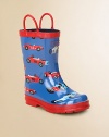 He'll love stomping in puddles when he pulls on these adorable rubber boots with a soft jersey lining, vintage car design and handles for easy on and off.Rubber upperCotton liningRubber soleImported