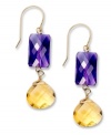 Double the fun. Vibrant rectangle-cut amethyst (9 ct. t.w.) and pear-cut citrine (8 ct. t.w.) adorn these stunning drop earrings. Set in 14k gold. Approximate drop: 1-1/2 inches.