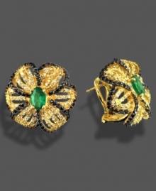 Add a cheerful sparkle to your everyday with these beautiful floral earrings from Effy Collection. Featuring oval-cut emeralds (9/10 ct. t.w.) and black and white round-cut diamonds (3/4 ct. t.w.) set in 14k gold. Add a cheerful sparkle to your everyday with these beautiful floral earrings from Effy Collection. Featuring oval-cut emeralds (9/10 ct. t.w.) and black and white round-cut diamonds (3/4 ct. t.w.) set in 14k gold.