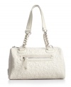 Wear your heart on your shoulder with this Free Love satchel by Jessica Simpson. A quilted heart print exterior is accented with silvertone hardware and chain detailed straps.