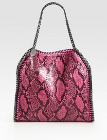An exotic, faux python style with shiny link chain trim that follows the brand's vegetarian initiatives.Double chain top handles, 8 dropMagnetic snap closureOne inside zip pocketFully lined14W X 13H X 3DMade in Italy An exotic, faux python style with shiny link chain trim that follows the brand's vegetarian initiatives.Double chain top handles, 8 dropMagnetic snap closureOne inside zip pocketFully lined14W X 13H X 3DMade in Italy