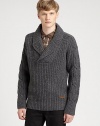 A shawl-collar sweater is impeccably knitted from superior wool, with cable knit detail at the sleeves for a classic finish to pullover sweater with modern-inspired style.Shawl collarRibbed knit cuffs and hemWoolDry cleanImported