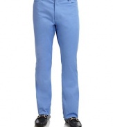 THE LOOKTopstitching detailsBanded waist with belt loopsFront zip with button closureFive-pocket styleStraight legBack logo patchBack welt and patch pocketsTHE FITRise, about 10Inseam, about 34THE MATERIAL73% cotton/25% polyester/2% elastaneCARE & ORIGINMachine washImported