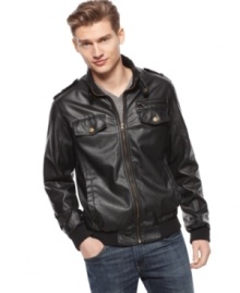 Ride on the edge of weekend style with this faux-leather moto jacket from Buffalo David Bitton.