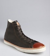 A color-block high-top in leather with an antique, vintage vibe expresses your appreciation for classic designs.