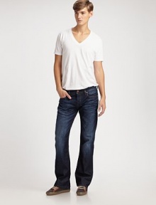 Super dark indigo rinse sets the tone for this hand washed, treated and washed denim set in a comfortable micro boot-cut fit.Five-pocket styleButton flyInseam, about 34CottonMachine washImported Super dark indigo rinse sets the tone for this hand washed, treated and washed denim set in a comfortable micro boot-cut fit.Five-pocket styleButton flyInseam, about 34CottonMachine washImported