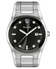 Gleaming perfection. This Bulova watch features a stainless steel bracelet and round case. Black dial with eight diamond accents at indices, logo and date window. Quartz movement. Water resistant to 30 meters. Three-year limited warranty.