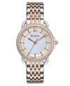 Classic Bulova elegance with contemporary eye-catching appeal. Watch crafted of two-tone stainless steel bracelet and round case. Bezel embellished with 24 diamond accents. Mother-of-pearl dial features applied rose-gold tone stick indices, three hands and logo. Quartz movement. Water resistant to 30 meters. Three-year limited warranty.