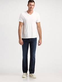An essential look for any man, cut with a straight fit in dark, subtly worn-in Italian denim. Five-pocket style Inseam, about 33½ 89% cotton/11% elastane Machine wash Made in USA An essential look for any man, cut with a straight fit in dark, subtly worn-in Italian denim. Five-pocket style Inseam, about 33½ 89% cotton/11% elastane Machine wash Made in USA