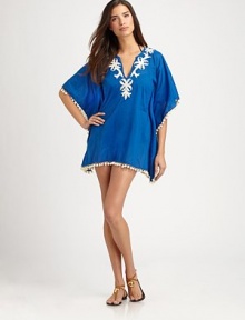 Contrasting embroidery and perky pom-poms give this coverup undeniable charm. V-neckDolman sleevesPull-on stylePom-pom detailsCottonHand washImported Contrasting embroidery and perky pom-poms give this coverup undeniable charm. V-neckDolman sleevesPull-on stylePom-pom detailsCottonHand washImported