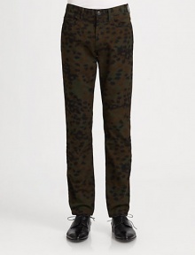 A modern, innovative approach to military style, this classic five-pocket silhouette takes a next level approach to the traditional camo print; Crafted from printed cotton, this pant style exudes a downtown style and attitude, set in a uniform fit for a sleek, streamlined look.Five-pocket styleZip flyInseam, about 34CottonMachine washImported A modern, innovative approach to military style, this classic five-pocket silhouette takes a next level approach to the traditional camo print; Crafted from printed cotton, this pant style exudes a downtown style and attitude, set in a uniform fit for a sleek, streamlined look.Five-pocket styleZip flyInseam, about 34CottonMachine washImported
