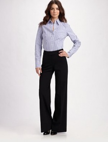 Sleek and modern silhouette rendered in rich stretch wool, adds a sophisticated touch to any look.Mid-rise waistband Belt loops Zip-fly Flat front Pleated leg Inseam, about 25 96% wool/4% elastane Dry clean Imported Sleek and modern silhouette rendered in rich stretch wool, adds a sophisticated touch to any look.Mid-rise waistband Belt loops Zip-fly Flat front Pleated leg Inseam, about 25 96% wool/4% elastane Dry clean Imported