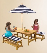 Little ones will love picnics and playtime under the shade in this weather-resistant wood table set with a striped canvas umbrella and soft striped cushions. Sturdy construction and a weather-resistant finish ensures the fun will last season after season.Bench table2 matching benches with storageStriped canvas umbrella & 2 matching cushionsTable: 42L X 22.64W X 18.98HBench: 35.83L X 11.34W X 10.43H44 lbsConstructed from canvas, Sanmu wood & foamImported