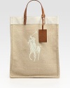 The signature polo player highlights the front of this spacious carryall in an understated mix of canvas, jute and leather.Double top handles, 4 dropLogo-embossed luggage tagOpen topOne inside open pocketJute/canvas/leatherCoated jute lining13½W X 16¾H X 6DMade in Italy
