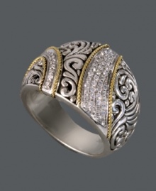 Make a statement of pure elegance. Balissima by Effy Collection's unique ribbon ring features a scrolling filigree setting and sparkling, round-cut diamonds (1/4 ct. t.w.). This statement ring is crafted in sterling silver with 18k gold accents. Size 7. Make a statement of pure elegance. Balissima by Effy Collection's unique ribbon ring features a scrolling filigree setting and sparkling, round-cut diamonds (1/4 ct. t.w.). This statement ring is crafted in sterling silver with 18k gold accents. Size 7.