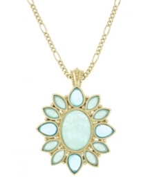 Breathe new life into your look. 2028's pretty floral pendant features light blue faux quartz stones in marquise, pear, and oval cuts. Set in brass tone mixed metal. Approximate length: 22 inches. Approximate drop: 1-1/2 inches. Breathe new life into your look. 2028's pretty floral pendant features light blue faux quartz stones in marquise, pear, and oval cuts. Set in brass tone mixed metal. Approximate length: 22 inches. Approximate drop: 1-1/2 inches.