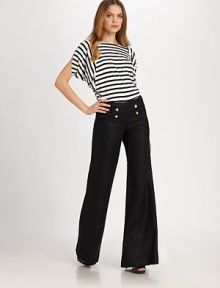 A classic nautical-inspired design with gilded button details for a glamorous effect. Button details on frontNon-functional front pocketsWaist dartsBack zipperInseam, about 34LinenDry cleanImported Model shown is 5'10 (177cm) wearing US size 4. A classic nautical-inspired design with gilded button details for a glamorous effect. Button details on frontNon-functional front pocketsWaist dartsBack zipperInseam, about 34LinenDry cleanImported Model shown is 5'10 (177cm) wearing US size 4.
