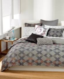 Soothing grey tones combine with pops of color in this Seneca duvet cover from Bar III, featuring a modern geometric diamond pattern for a look of casual style. Soothing grey tones combine with pops of color in this Seneca duvet cover from Bar III, featuring a modern geometric diamond pattern for a look of casual style.