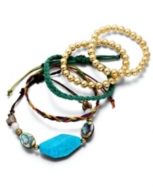 Diversify your look. Bar III's five bracelet set combines a unique mix of gold plastic beads, woven suede, braided fabric, and assorted plastic stones for a truly bohemian mix. Approximate diameter: 2 inches to 2-1/4 inches.