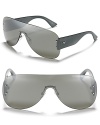 Make a sunny statement in flat, translucent shield sunglasses from Emporio Armani.