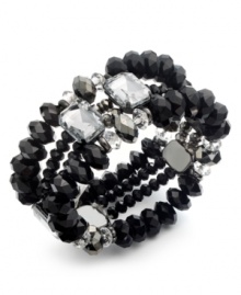 Crystal clear fashion with an edge, by Bar III. This stretch bracelet brings together jet black plastic beads with clear acrylic stones. Stretches to fit wrist. Crafted in hematite tone mixed metal. Approximate diameter: 2-1/2 inches. Crystal clear fashion with an edge, by Bar III. This stretch bracelet brings together jet black plastic beads with clear acrylic stones. Stretches to fit wrist. Crafted in hematite tone mixed metal. Approximate diameter: 2-1/2 inches.