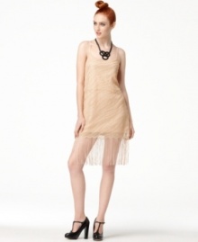 Channel the roaring twenties with a metallic, fringe trimmed Bar III shift dress -- perfect for standout soiree style!