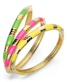 80's flashback: neon is in! Lighten up in Bar III's lime green, hot pink, and electric yellow enamel bangle set. Crafted in gold tone mixed metal. Approximate diameter: 2-1/3 inches.