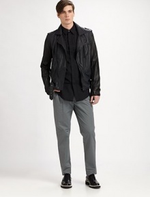 Take a clean break away from the basic flat-front silhouette and transition to this modern update on a pleated trouser, slightly cropped and shaped in smooth, soft cotton.Pleated frontZip flySide slash, back welt pocketsInseam, about 2844% cotton/42% polyester/14% nylonDry cleanImported Take a clean break away from the basic flat-front silhouette and transition to this modern update on a pleated trouser, slightly cropped and shaped in smooth, soft cotton.Pleated frontZip flySide slash, back welt pocketsInseam, about 2844% cotton/42% polyester/14% nylonDry cleanImported