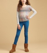 Colorful, zig-zag print adorns this cozy knit that pairs perfectly with her favorite jeans.ScoopneckLong sleevesPullover style72% polyester/21% rayon/5% metallic/2% spandexHand washMade in USA of domestic fabric