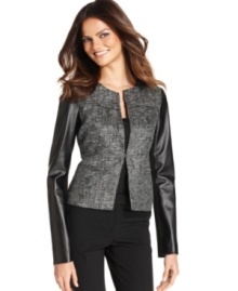 DKNYC mixes tweed and faux leather for an eclectic effect on this jacket, which wears as easily on the town as it does in the office.