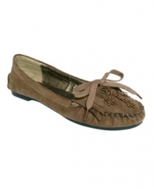 Barefoot Tess' Phoenix flats combine the comfort of a moccasin with a traditional Native American aesthetic. Made in suede with a round-toe silhouette, they include lace-up detailing as well as beading and fringe embellishment.