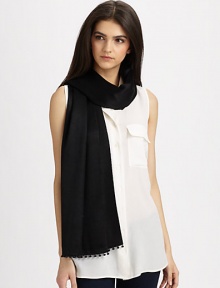 A luxurious blend of silk and cashmere with a shimmering sequin ball fringe for added interest. 60% silk/40% cashmereAbout 22 X 78Dry cleanImported A luxurious blend of silk and cashmere with a shimmering sequin ball fringe for added interest. 60% silk/40% cashmereAbout 22 X 78Dry cleanImported