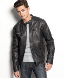 Rev up your look. This faux leather moto jacket from Calvin Klein is the coolest top layer.