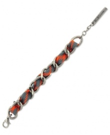 Intertwined appeal. BCBGeneration gives a colorful twist to its chain link bracelet, crafted from silver-tone mixed metal. An orange and gray cord adds a vibrant touch. Approximate length: 8 inches.