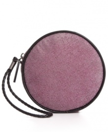 Metallic threads add subtle luster to the trendy round Maya wristlet from BCBGeneration - perfect for a cocktail party. Metallic threads add subtle luster to the trendy round Maya wristlet from BCBGeneration - perfect for a cocktail party.