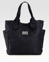 Signature letter stitching defines this roomy carryall, finished with oversized pockets and knotted handles.Double top handles, 7¾ dropMagnetic top closureTwo outside open pocketsOne inside zip pocketTwo inside open pocketsFully lined14½W X 14½H X 4¼DImported