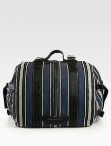 Versatile, striped fabric backpack is compact yet super packable by design.Leather top handleTwo back shoulder strapsTop zip closureOutside open pocketInside zip pocket70% cotton/30% polyester15.5W X 11H X 12.5DImported Versatile, striped fabric backpack is compact yet super packable by design.Leather top handleTwo back shoulder strapsTop zip closureOutside open pocketInside zip pocket70% cotton/30% polyester15.5W X 11H X 12.5DImported