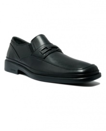 A little bit of polish goes a long way, especially when you're sporting these classic leather loafers for men with sleek logo-embossed hardware from Calvin Klein's collection of men's dress shoes.