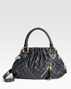 A graceful pouch shape in rich, quilted leather with bold golden hardware and a removable shoulder strap. Double handles, 5 drop Removable crossbody shoulder strap, 20 drop Top zip closure One outside zip pocket Inside open and zip pockets Cotton lining About 14W X 10H X 4D Made in Italy