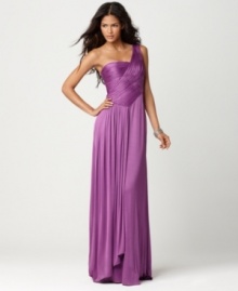 This BCBGMAXAZRIA dress skims all the right places. A fitted, ruched bodice descends to a graceful long skirt to create an unforgettable silhouette. This BCBGMAXAZRIA dress skims all the right places. A fitted, ruched bodice descends to a graceful long skirt to create an unforgettable silhouette.
