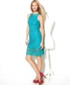 Rich crochet lace texture and a hint of metallic shine give new life to a classic sheath silhouette from INC!