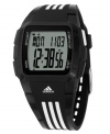 Iconic style and sporty durability by adidas. This watch features a black polyurethane strap and square polycarbonate case. Logo at bezel. Positive display digital dial with time, seconds, date, day and alarm. Quartz movement. Water resistant to 50 meters. Two-year limited warranty.