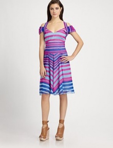 Bold variegated stripes pop on this comely silk frock tailored with a flared hem and skin-baring open shoulders.Halter necklineShort sleeves with open shouldersBodice dartsDropped waistPleated skirtCenter back zipperAbout 23 from shoulder to hemSilkDry cleanMade in USA of imported fabricModel shown is 5'8½ (174cm) wearing US size 4.